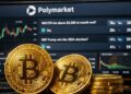 Monedas doradas fรญsicas de Bitcoin frente a una pantalla con el mercado de predicciรณn Polymarket y grรกficos de trading en segundo plano.