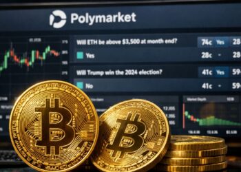 Monedas doradas físicas de Bitcoin frente a una pantalla con el mercado de predicción Polymarket y gráficos de trading en segundo plano.