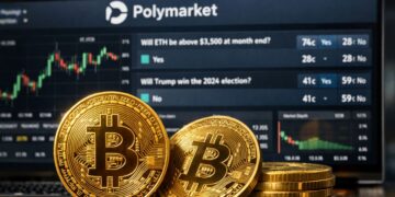Monedas doradas físicas de Bitcoin frente a una pantalla con el mercado de predicción Polymarket y gráficos de trading en segundo plano.