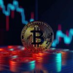 Monedas de bitcoin físicas en primer plano con un gráfico de precio en el fondo.