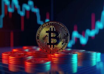 Monedas de bitcoin físicas en primer plano con un gráfico de precio en el fondo.