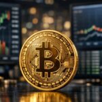 Moneda física de Bitcoin dorada frente a pantallas con gráficos bursátiles en un entorno financiero.