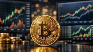 Moneda fรญsica de Bitcoin dorada frente a pantallas con grรกficos bursรกtiles en un entorno financiero.