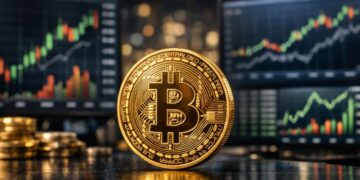 Moneda física de Bitcoin dorada frente a pantallas con gráficos bursátiles en un entorno financiero.