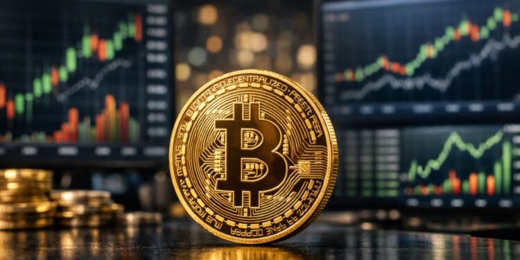 Moneda física de Bitcoin dorada frente a pantallas con gráficos bursátiles en un entorno financiero.