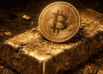 Una moneda de bitcoin brillante arriba de un lingote de oro feo, sucio y roto.