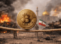 En primer plano: una moneda de bitcoin haciendo equilibrio sobre una cuerda. En el fondo: imágenes genéricas de guerra en Oriente Medio.