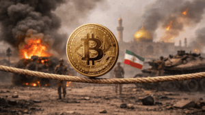 En primer plano: una moneda de bitcoin haciendo equilibrio sobre una cuerda. En el fondo: imágenes genéricas de guerra en Oriente Medio.