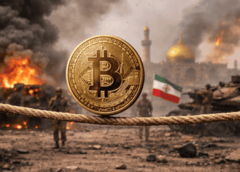 En primer plano: una moneda de bitcoin haciendo equilibrio sobre una cuerda. En el fondo: imágenes genéricas de guerra en Oriente Medio.