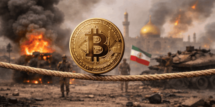 En primer plano: una moneda de bitcoin haciendo equilibrio sobre una cuerda. En el fondo: imágenes genéricas de guerra en Oriente Medio.