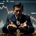 Empresario en traje dejando caer monedas físicas de bitcoin mientras observa un gráfico bajista de compras de tesorerías corporativas.