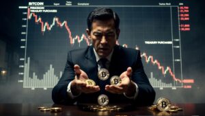 Empresario en traje dejando caer monedas fรญsicas de bitcoin mientras observa un grรกfico bajista de compras de tesorerรญas corporativas.