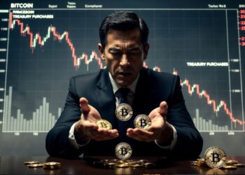 Empresario en traje dejando caer monedas físicas de bitcoin mientras observa un gráfico bajista de compras de tesorerías corporativas.