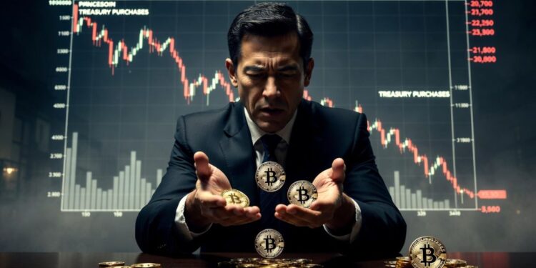 Empresario en traje dejando caer monedas físicas de bitcoin mientras observa un gráfico bajista de compras de tesorerías corporativas.