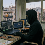 un persona con el rostro cubierto frente a una pc en una habitación. De fondo , a través de una ventana se observan edificios con banderas de España.