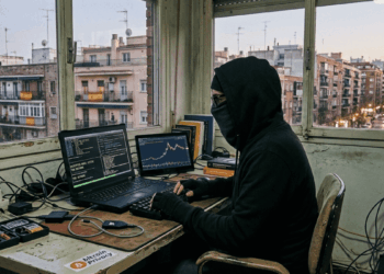 un persona con el rostro cubierto frente a una pc en una habitación. De fondo , a través de una ventana se observan edificios con banderas de España.