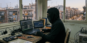 un persona con el rostro cubierto frente a una pc en una habitación. De fondo , a través de una ventana se observan edificios con banderas de España.