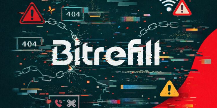 Logo de Bitrefill editado con simbología de fallos y desconexiones.