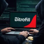 Computadora reflejando el logo de Bitrefill, la PC siendo manejada por hackers encapuchados, y criptomonedas en el escritorio.