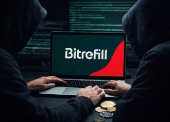Computadora reflejando el logo de Bitrefill, la PC siendo manejada por hackers encapuchados, y criptomonedas en el escritorio.