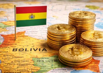 Mapa de Bolivia y su bandera, junto con monedas de bitcoin apiladas.