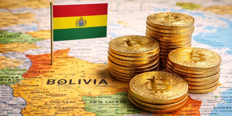 Mapa de Bolivia y su bandera, junto con monedas de bitcoin apiladas.