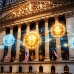 Fachada de la Bolsa de Nueva York con monedas de bitcoin y ether flotando conectadas por redes digitales luminosas.