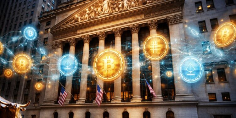 Fachada de la Bolsa de Nueva York con monedas de bitcoin y ether flotando conectadas por redes digitales luminosas.