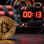 En primer plano, una moneda física de bitcoin. En el fondo, una bomba de tiempo.
