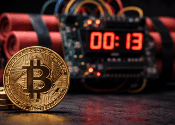 En primer plano, una moneda física de bitcoin. En el fondo, una bomba de tiempo.