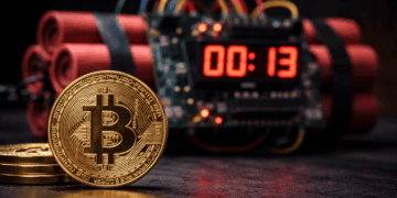 En primer plano, una moneda física de bitcoin. En el fondo, una bomba de tiempo.