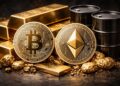 Imagen realista de ua moneda de BTC, una moneda de ETH, oro y petróleo.