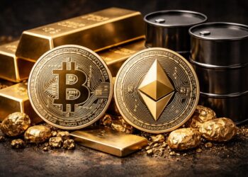 Imagen realista de ua moneda de BTC, una moneda de ETH, oro y petróleo.