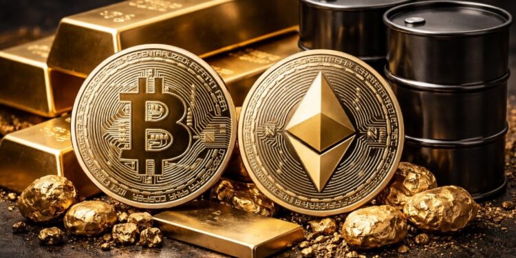 Imagen realista de ua moneda de BTC, una moneda de ETH, oro y petróleo.