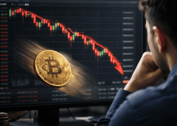 Un trader mirando una pantalla de computadora donde se ve a bitcoin cayendo de precio.