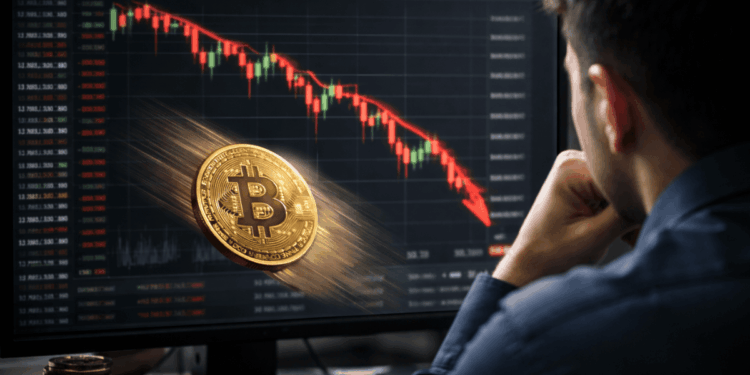 Un trader mirando una pantalla de computadora donde se ve a bitcoin cayendo de precio.
