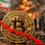 Primer plano: moneda de bitcoin y flecha roja hacia abajo. Segundo plano: imágenes genéricas de guerra en Irán y barriles de petróleo.