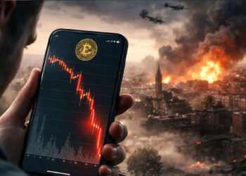Caída del precio de bitcoin en gráfico digital con fondo de conflicto bélico en Medio Oriente y explosiones lejanas.