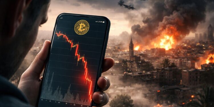 Caída del precio de bitcoin en gráfico digital con fondo de conflicto bélico en Medio Oriente y explosiones lejanas.