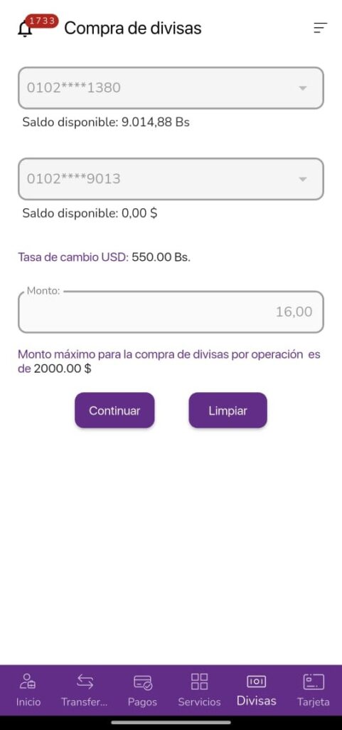 Captura de pantalla de la interfaz del Banco de Venezuela.