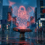 imagen de la calle de una ciudad con una figura etérea que simboliza un agente IA