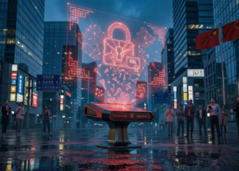 imagen de la calle de una ciudad con una figura etérea que simboliza un agente IA
