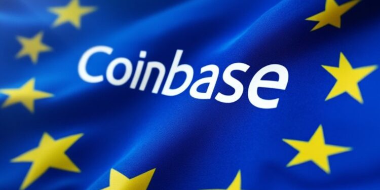 Logo de Coinbase superpuesto sobre la bandera de la Unión Europea.