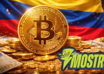 Moneda física de bitcoin, con la bandera de Colombia en el fondo y el logo de Mostro.