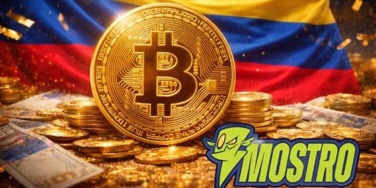 Moneda física de bitcoin, con la bandera de Colombia en el fondo y el logo de Mostro.
