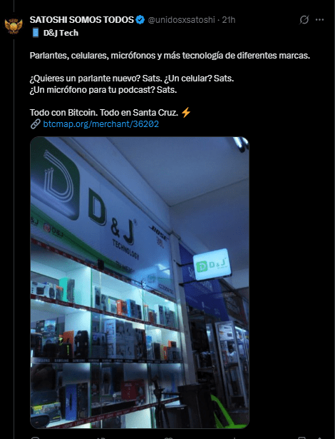 Fachada de una tienda de tecnologรญa en Santa Cruz Bolivia. donde cada vez hay mรกs coimercios aceptando bitcoin.