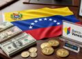 Bandera de Venezuela, monedas de USDT, dólares y el logo del Banco de Venezuela.
