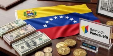 Bandera de Venezuela, monedas de USDT, dólares y el logo del Banco de Venezuela.