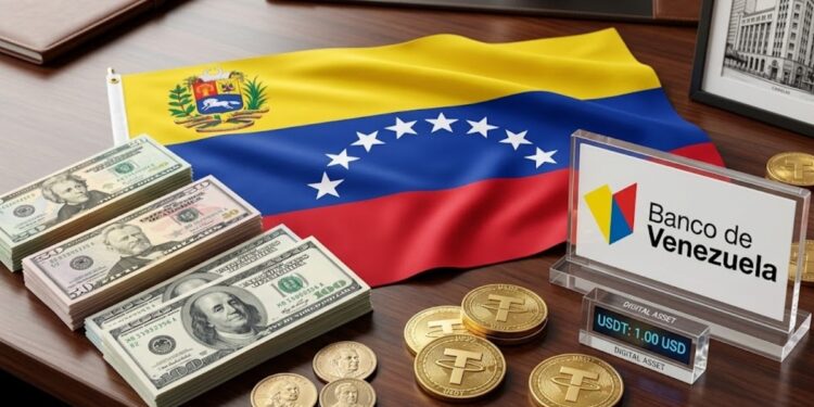 Bandera de Venezuela, monedas de USDT, dólares y el logo del Banco de Venezuela.