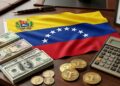Bandera de Venezuela, monedas de USDT, dรณlares y una calculadora.